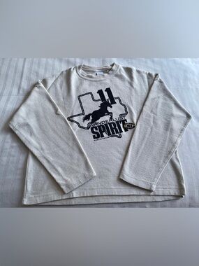 Bershka Cream Waffle Knit Long Sleeve Top with Black Graphic